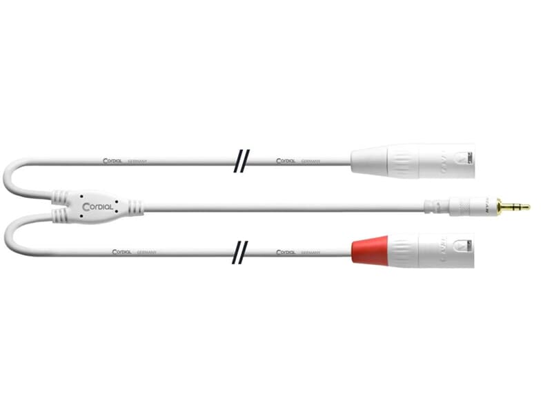 Cordial INTRO CFY 1,5 WMM-LONG-SNOW - 1,5 m, REAN Klinke 3,5 mm stereo weiss gold / 2 x XLR male weiss - lange Spliss-Seite