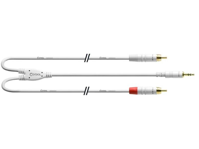 Cordial INTRO CFY 6 WCC-LONG-SNOW - 6,0 m, REAN Klinke 3,5 mm stereo weiss gold / 2 x Cinch weiss gold - lange Spliss-Seite