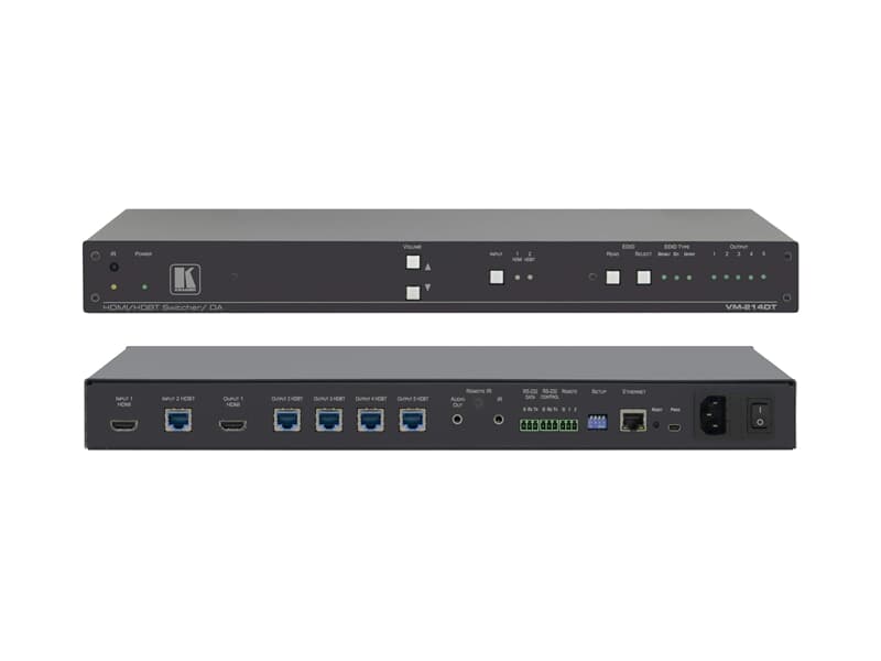 Kramer VM-214DT/220V, 2x1:4 4K (4:2:0) UHD HDMI und HDBaseT Verteilverstärker mit Ethernet, RS–232, IR und Audio