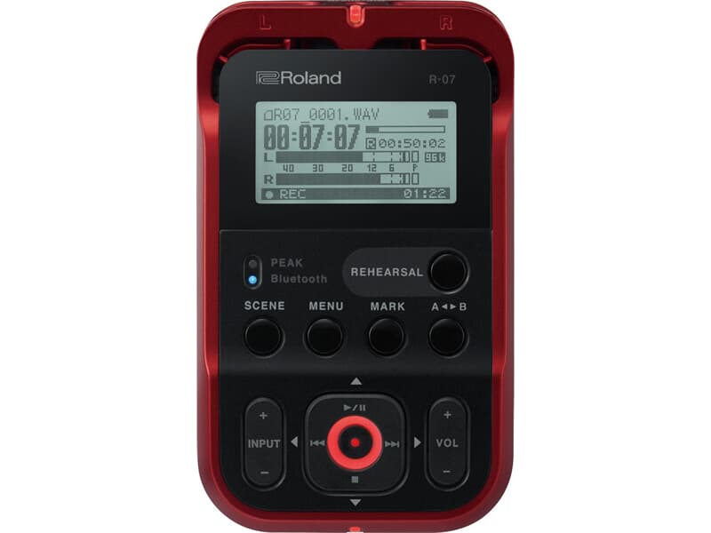 ROLAND R-07 - Ultraportabler Audio-Recorder mit Wireless Monitoring und Remote-Steuerung (2 Kanäle / Bluetooth / LCD-Display) - in rot