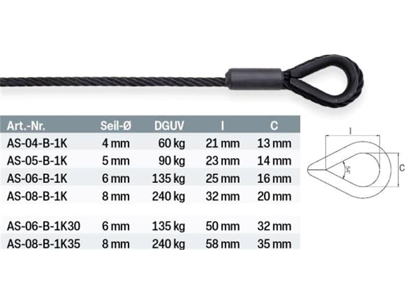 SAFETEX Anschlagseil für Drahtseilhalter, 5 mm, 90 kg, 2 m, BLACKLINE