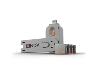 LINDY 40453 USB Typ A Port Schloss, orange - Vier Port Schlösser für USB mit Schlüsse