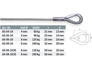 SAFETEX Anschlagseil für Drahtseilhalter, 4 mm, 60 kg, 1 m, verzinkt