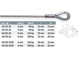 SAFETEX Anschlagseil für Drahtseilhalter, 4 mm, 60 kg, 2 m, verzinkt