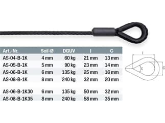 SAFETEX Anschlagseil für Drahtseilhalter, 4 mm, 60 kg, 1 m, BLACKLINE