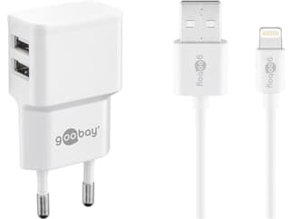 Goobay Apple Lightning Dual-Ladeset (12 W), Netzteil mit 2x USB-Anschlüssen, Apple Lightning-Kabel, 1 m, weiß
