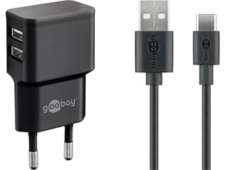 Goobay USB Type-C™ Dual Ladeset 2,4 A, Schwarz, 1 m - Netzteil mit 2x USB-Buchse und USB Type-C™ Kab